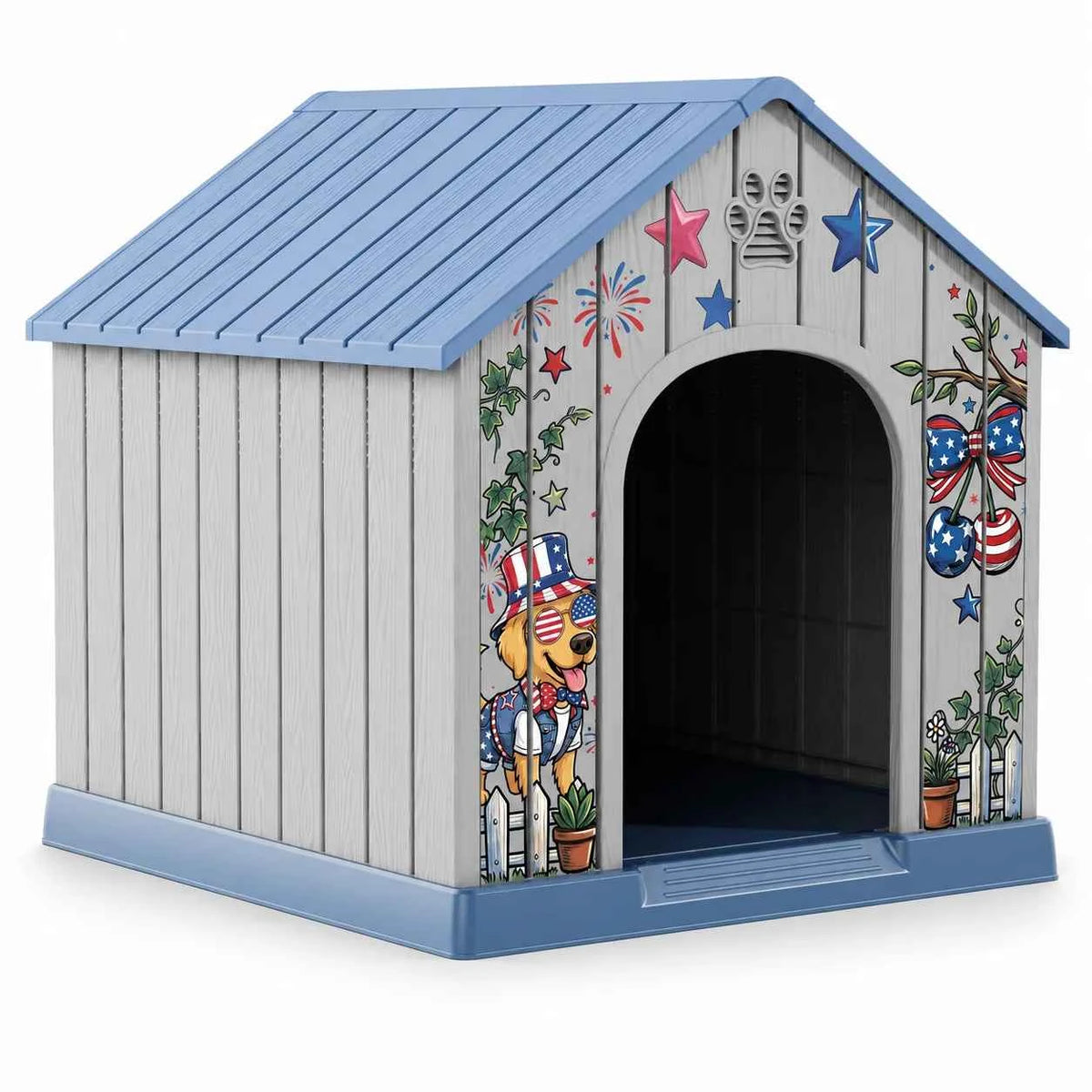 Outdoor Plastic Dog House, Weatherproof Pet Shelter with Printed Pattern Door, Outdoor Dog Cabin for Small Medium Dogs