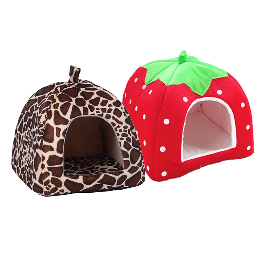Strawberry Puppy Kennels Washable Pets Cave Sofa Half-Closed Fluffy Dogs Room Pets Sleeping Nest for Winter Indoor