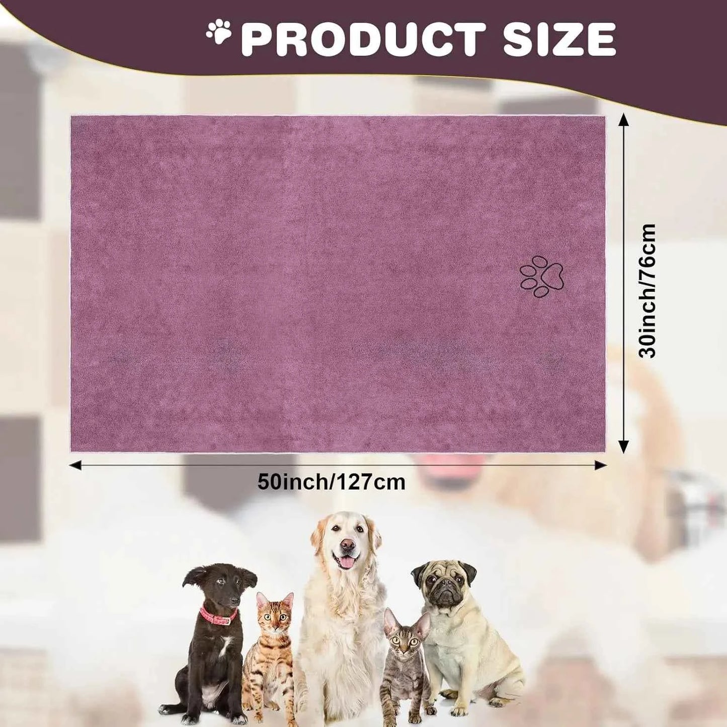 Pet Drying Towel for Dogs & Cats, Ultra-Absorbent Microfiber Bath Towel with Paw Print, Soft Quick Dry Shammy Towel for Puppy