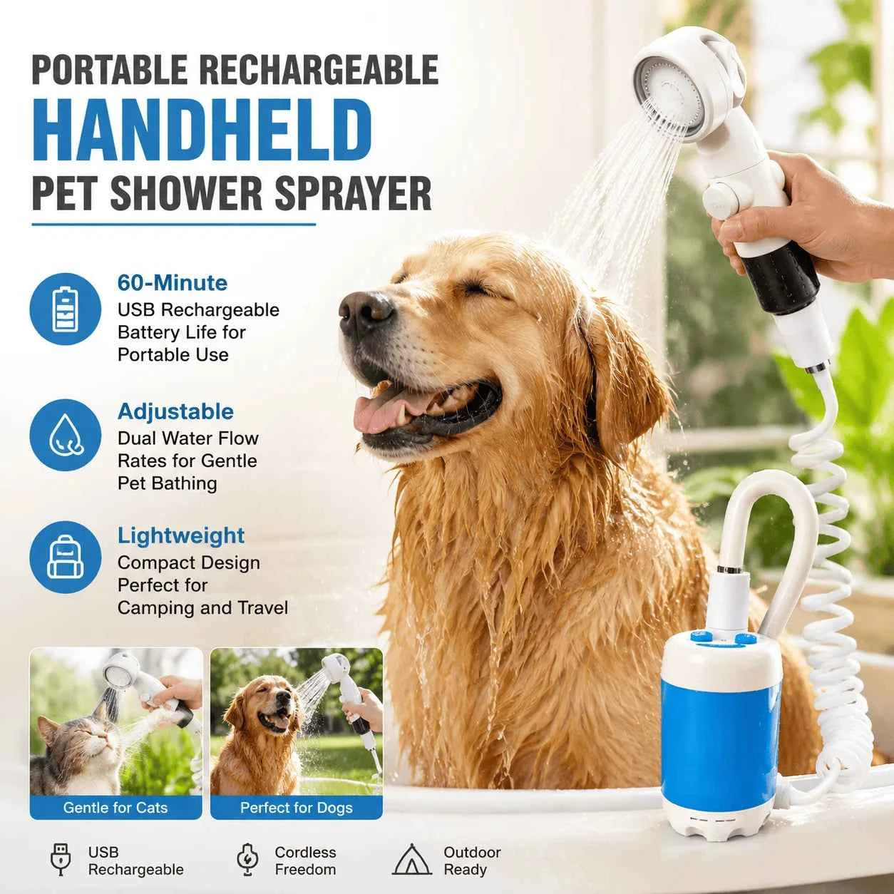 Portable Rechargeable Handheld Pet Shower Sprayer for Dogs Cats with Gentle Stream Adjustable Pressure Shower Pump Outdoor Watering Spray Head USB Charging for Bathing Grooming Car Washing Flower Watering