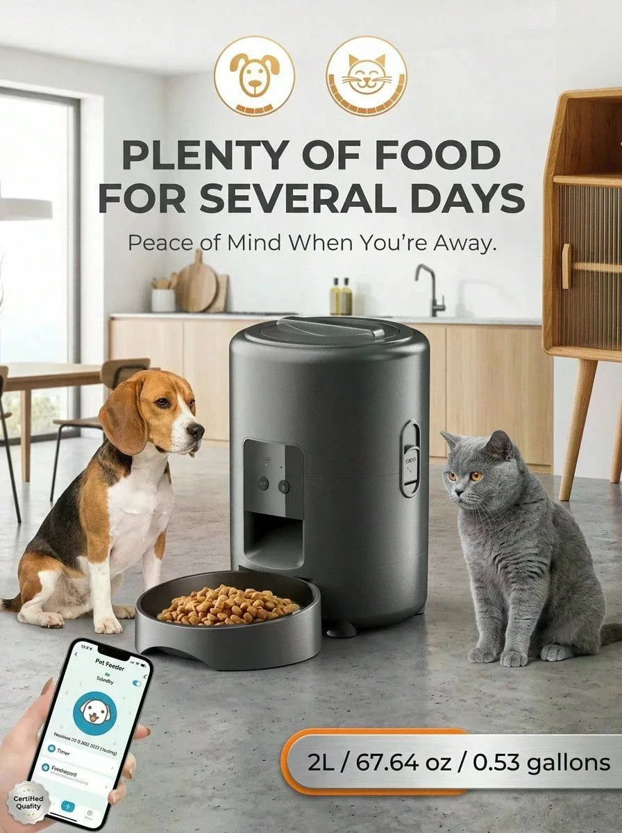 PETSIN 2L/67.64oz automatic cat feeder, smart cat feeder, smart pet feeder, dual-band 2.4G WiFi automatic dog feeder, round automatic cat food dispenser, with app control, remote control cat and dog food dispenser for small p