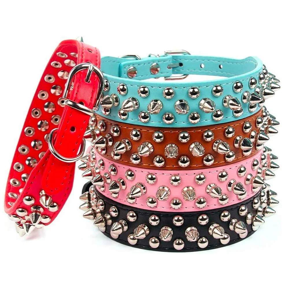 NONECN Adjustable Leather Dog Collar With Rivet Spiked Design