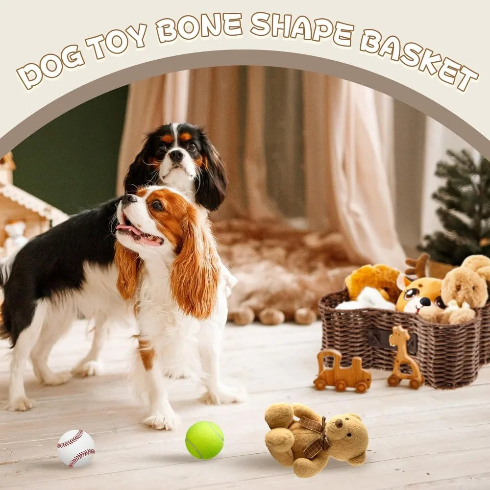 Dog Toy Basket With Lid Bone Shaped Natural Wicker Organizer