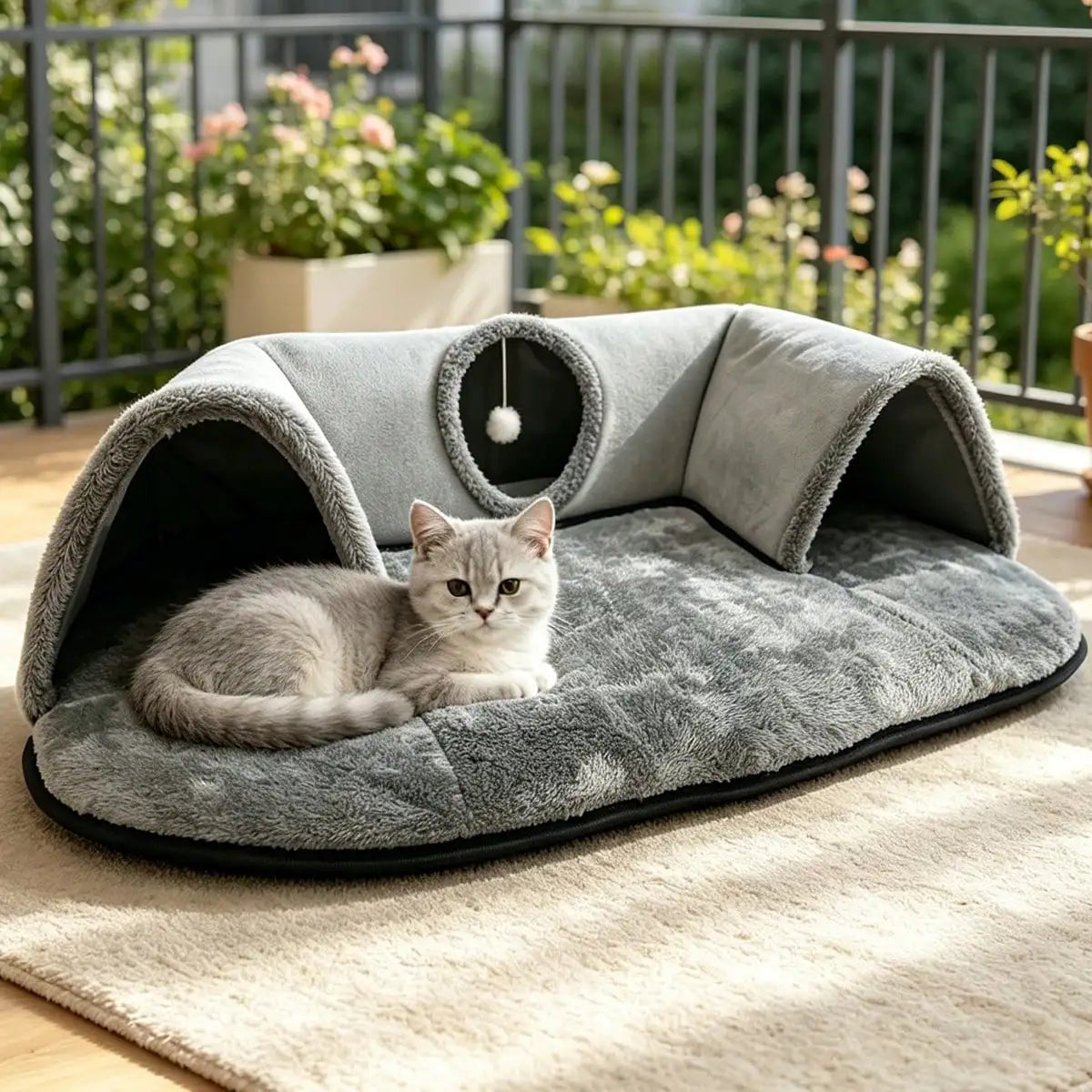 2 In 1 Cat Tunnel Bed With Soft Plush Cushion Multisize Warm Hideaway Cave With Hanging Pom-pom Toy Interactive Play Rest House Washable Pet Sleeping Mat For Kitten Small Indoor Cats