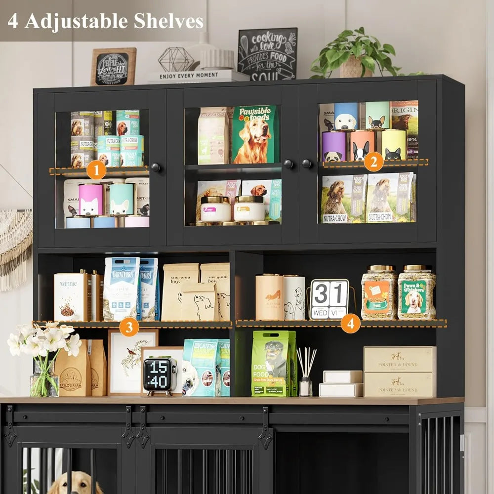 Double Dog Crate With Storage Hutch And Feeding Bowls Indoor