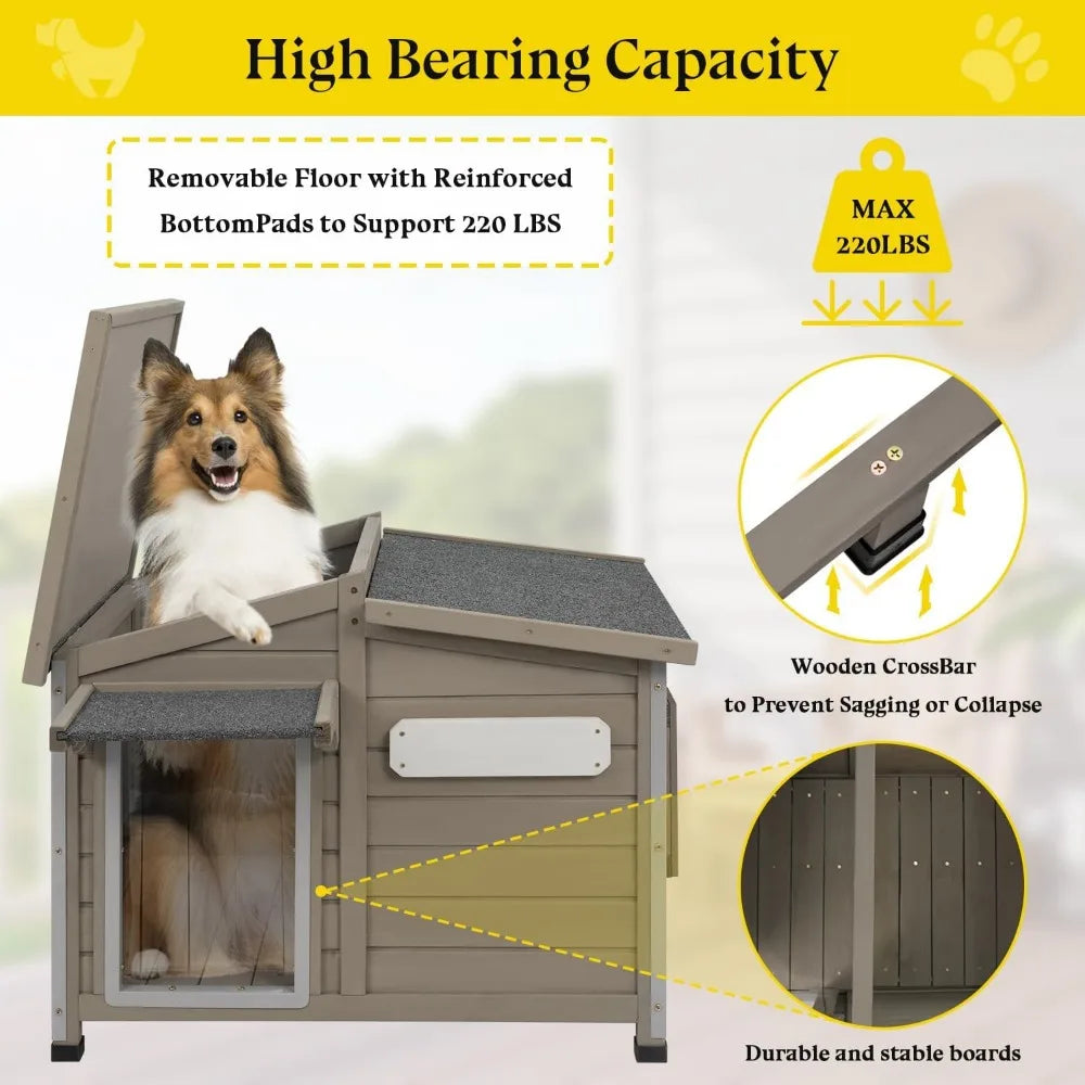Dog House Outdoor Weatherproof Large Wooden Dog Kennel Indoor with Chew-Proof Iron Frame, Removable Floor,