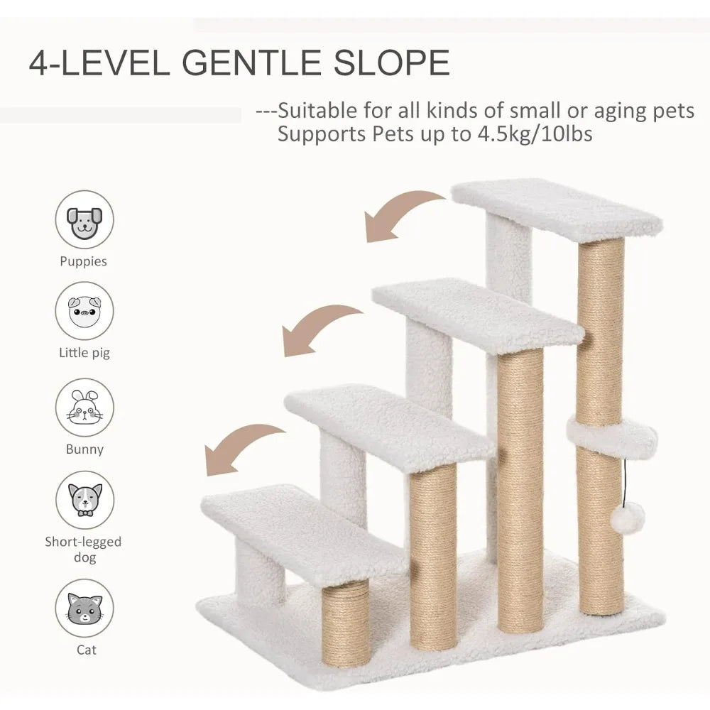 Cat Steps, Pet Stairs Carpeted Ladder, Kitten Tree Climber with Scratching Posts, Hanging Play Ball, Side Step