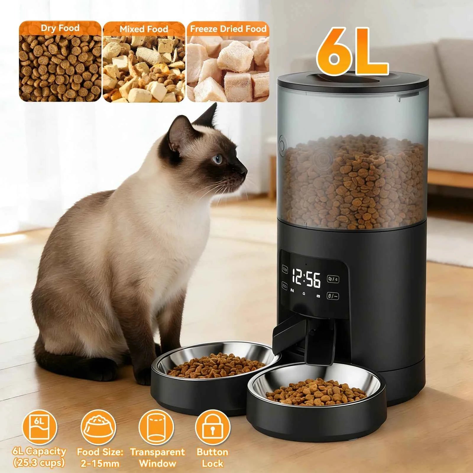 JHK 6L Automatic Cat Feeder with 2 Stainless Bowls Timed Cat Food Dispenser Dual Power Supply Dual Pet Feeder for Cat and Dog
