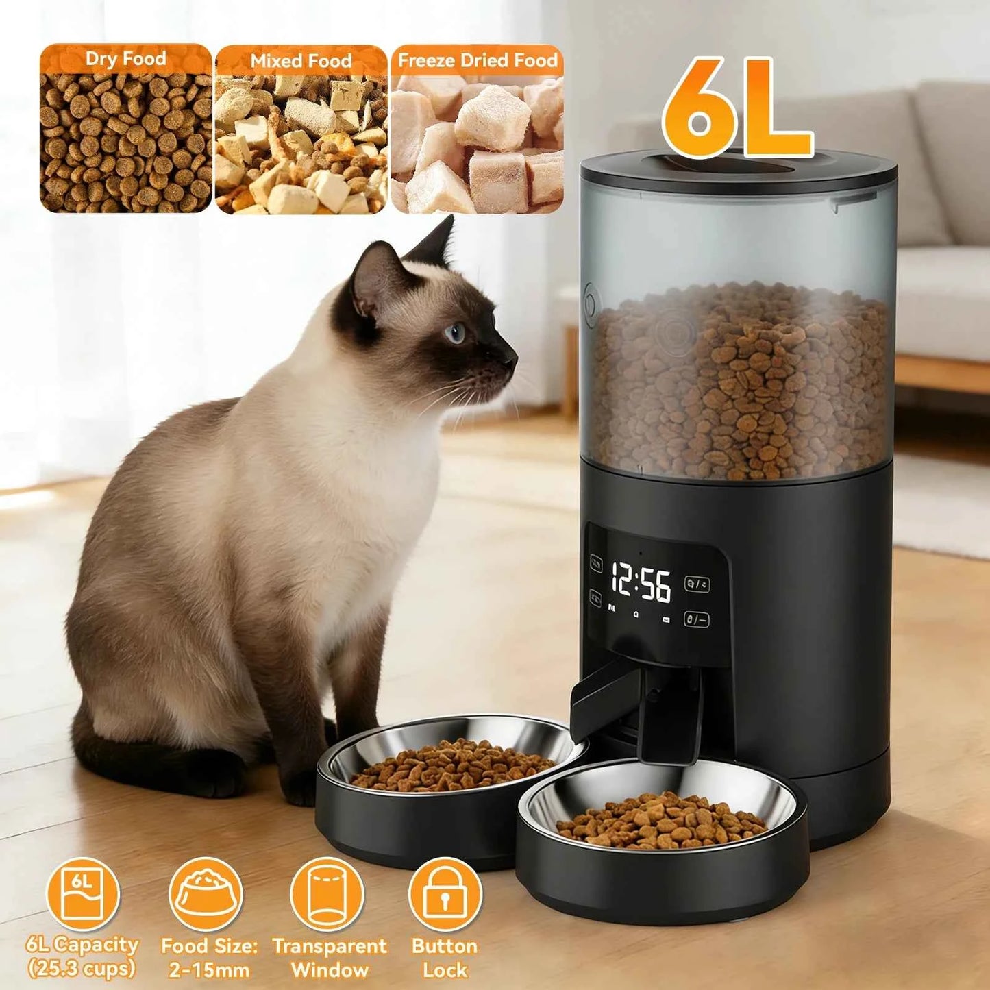 JHK 6L Automatic Cat Feeder with 2 Stainless Bowls Timed Cat Food Dispenser Dual Power Supply Dual Pet Feeder for Cat and Dog
