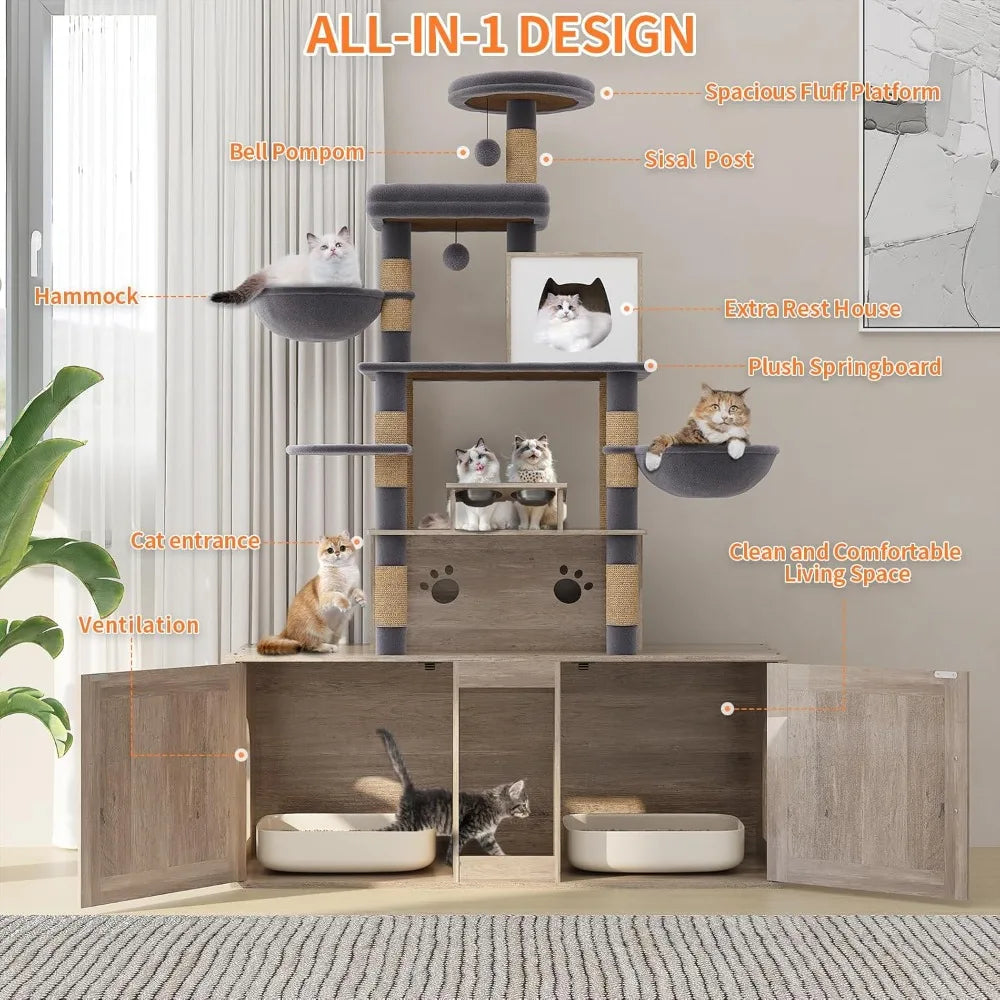 Cat Tree With Litter Box Enclosures All In One Tower
