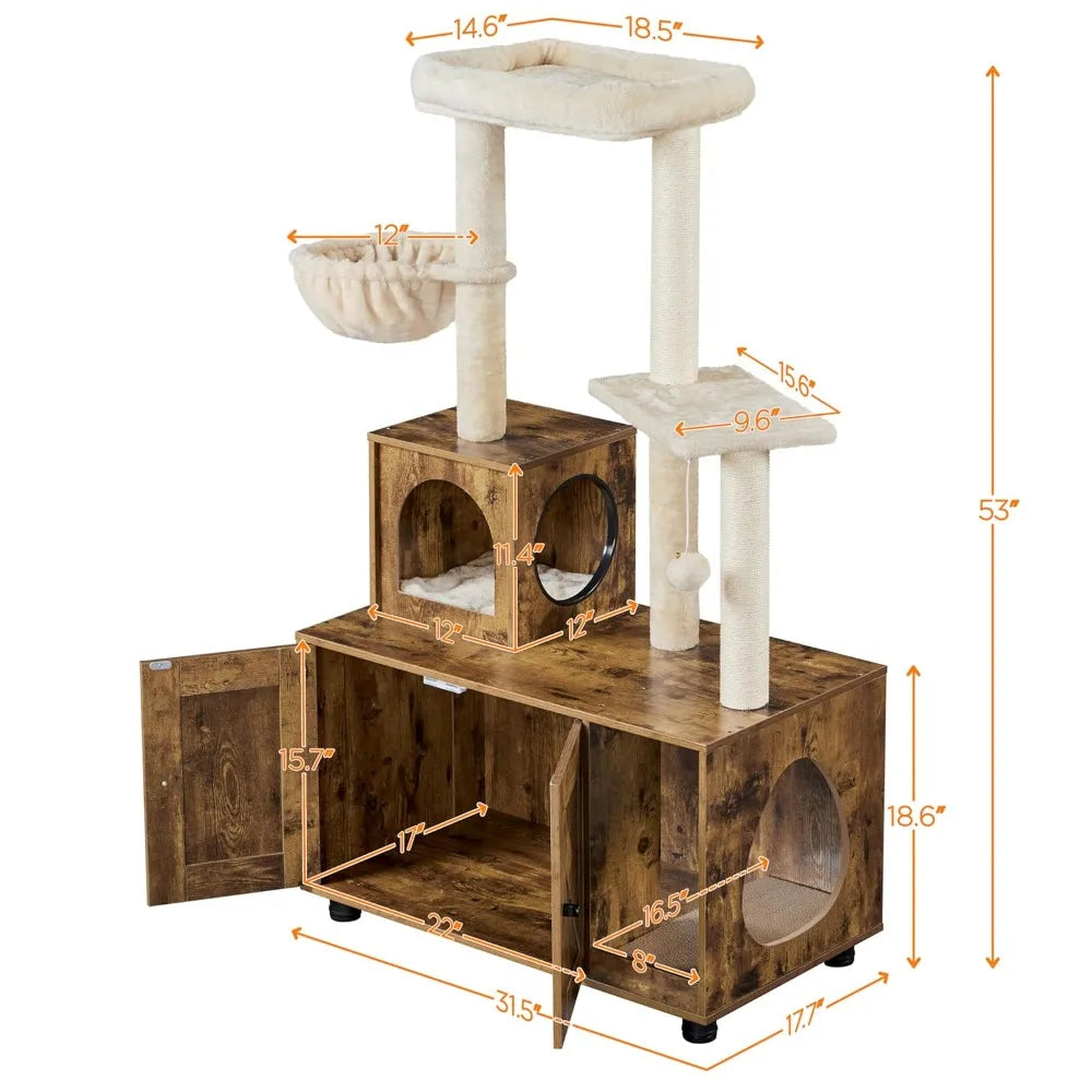 Cat Tree Tower With Litter Box Enclosure And Scratching Posts