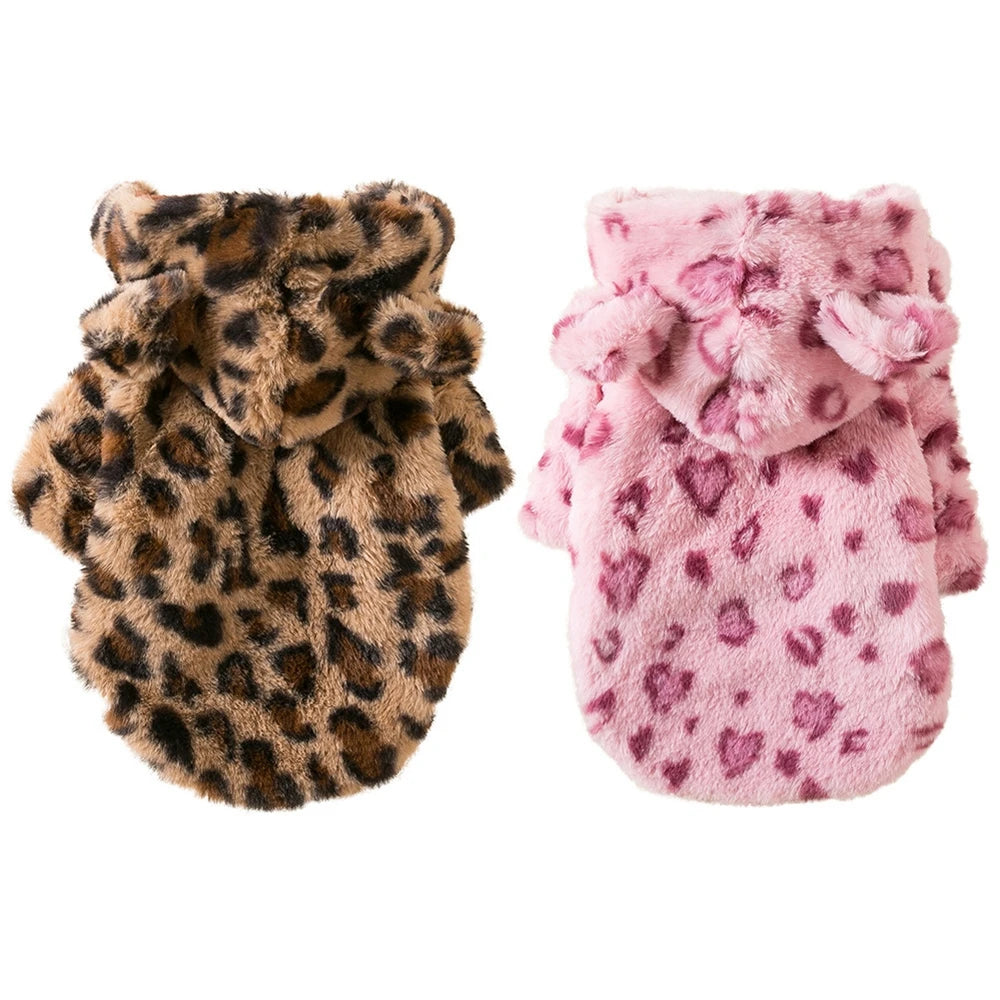 Leopard Print Winter Dog Hoodie Fleece Coat For Small Dogs