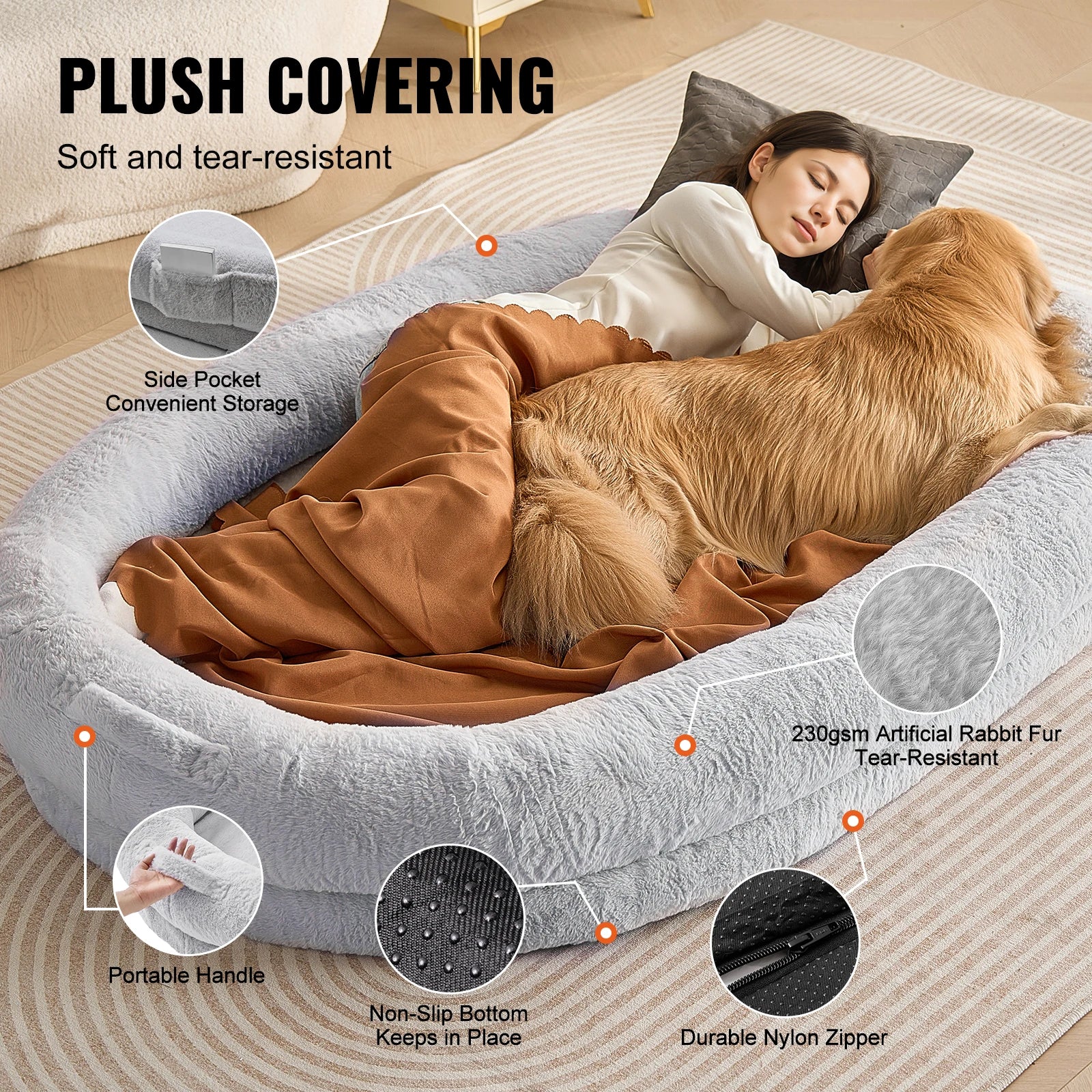 SucceBuy Human Dog Bed Human Dog Bed for Adult Human Size Dog Bed with Washable Faux Rabbit Fur Cover Egg Orthopedic Foam Grey