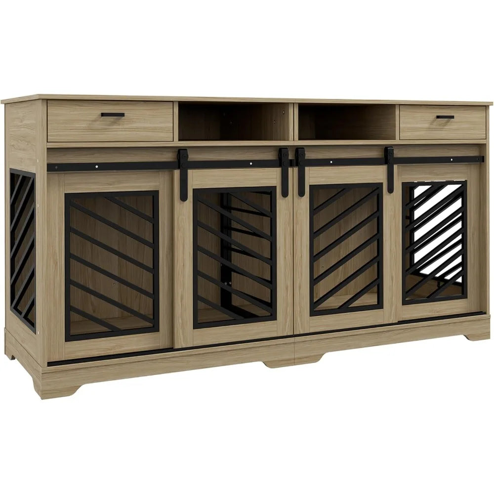 Double Dog Crate Furniture with Removable Divider for 2 Medium Dogs or 1 Large Dog, 66" Modern Dog Kennel Furniture End Table w