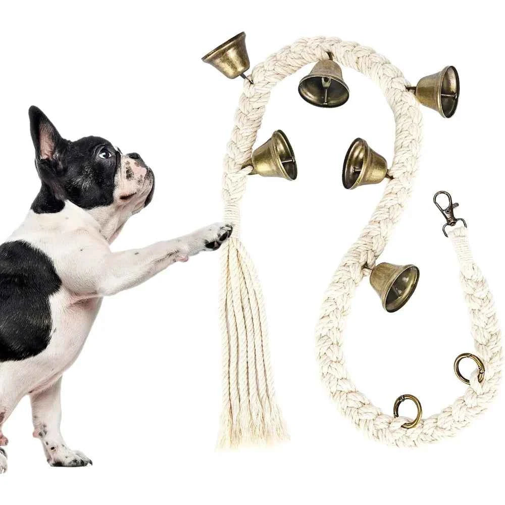 Dog Bell for Door Potty Training, Cotton Handwoven Dog Doorbell with 6 Extra Loud Bells for Dog Training, Adjustable Hanging Door Bell for Small Medium Large Dogs to Ring to Go Outside, Beige