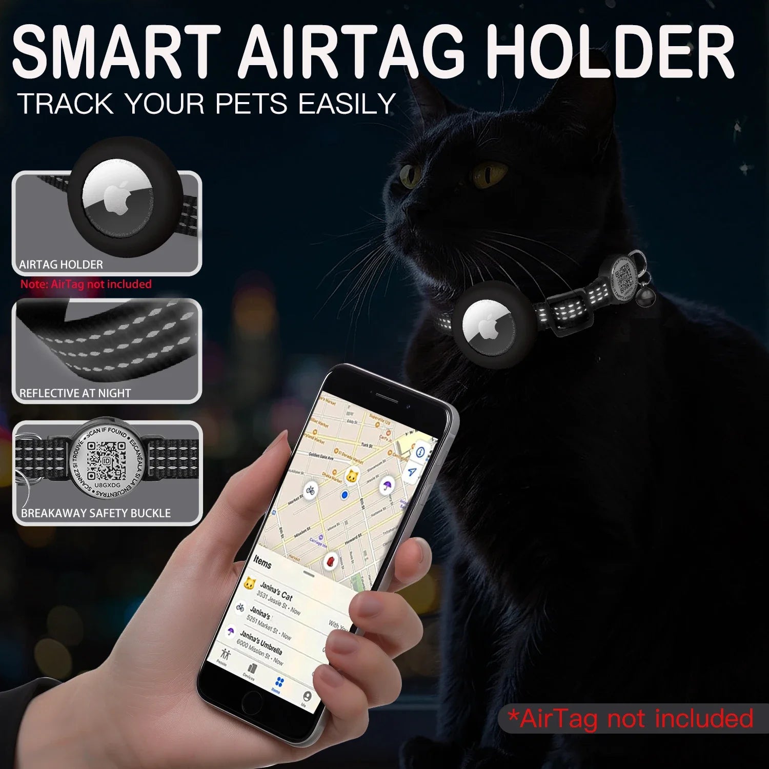 GPS Cat Collar with AirTag Holder & QR Name Tag  for Tracker Cats, Anti-loss Reflective Kitten Collar Location Case for Air Tag