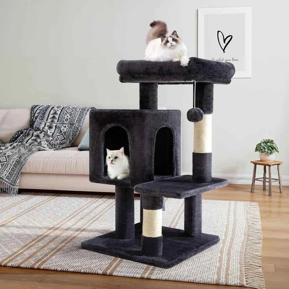 29 Inch Multi Level Cat Tree with Plush Perches Condo Sisal Scratching Posts for Kittens Dark Grey