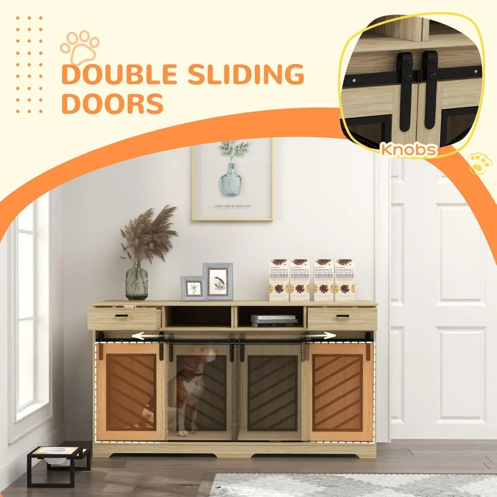 Double Dog Crate Furniture with Removable Divider for 2 Medium Dogs or 1 Large Dog, 66" Modern Dog Kennel Furniture End Table w