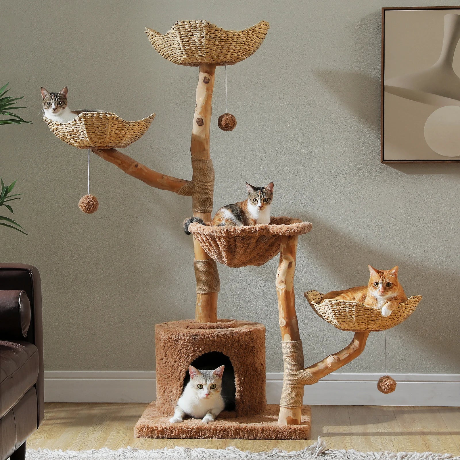 Large Cat Tree Tower with Sisal Scratching Post Wicker Basket Bed Flower Cat Condo Indoor Modern Cat Furniture Cat Accessories