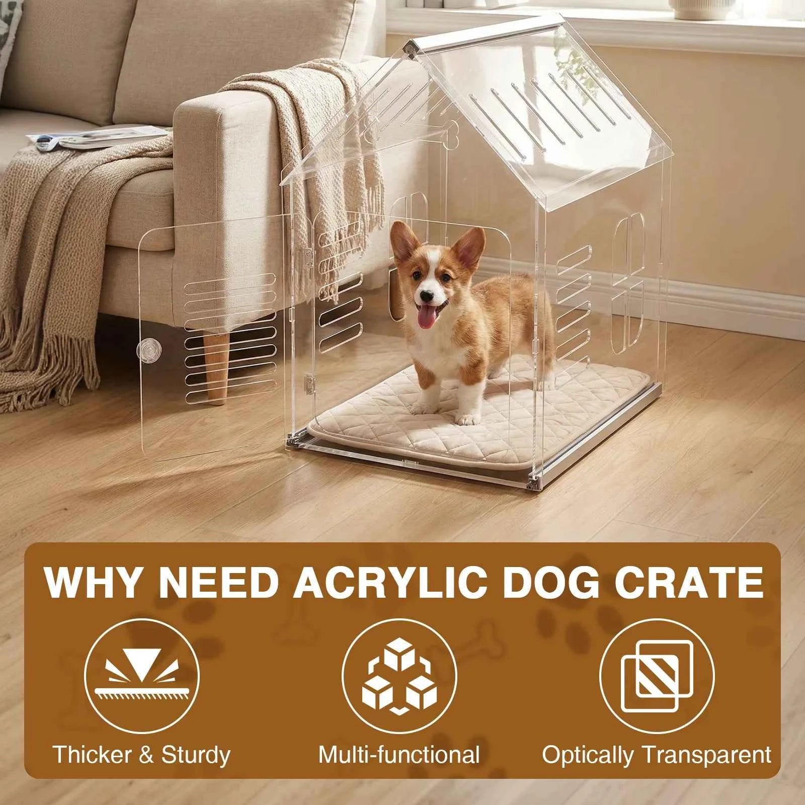 Acrylic Dog Cat House Lockable Ventilated Modern Dogs Crate Clear Dog Playpen for Small and Medium Dogs Pets 610x400x600mm