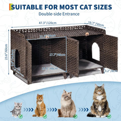 Large Rattan Litter Box Enclosure For 2 Cats, Hidden Cat Furniture With 2 Doors, Litter Mat & Hooks, 47.2" Cat House