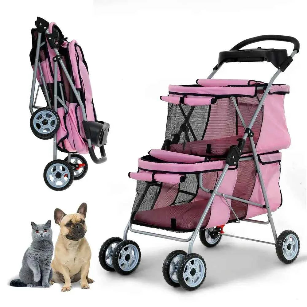 Double Pet Stroller or Small Medium Dogs, 4 Wheels olding Travel Carrier Cage with Cup Holder or 2 De Puppy Or Two Kitty, Pink