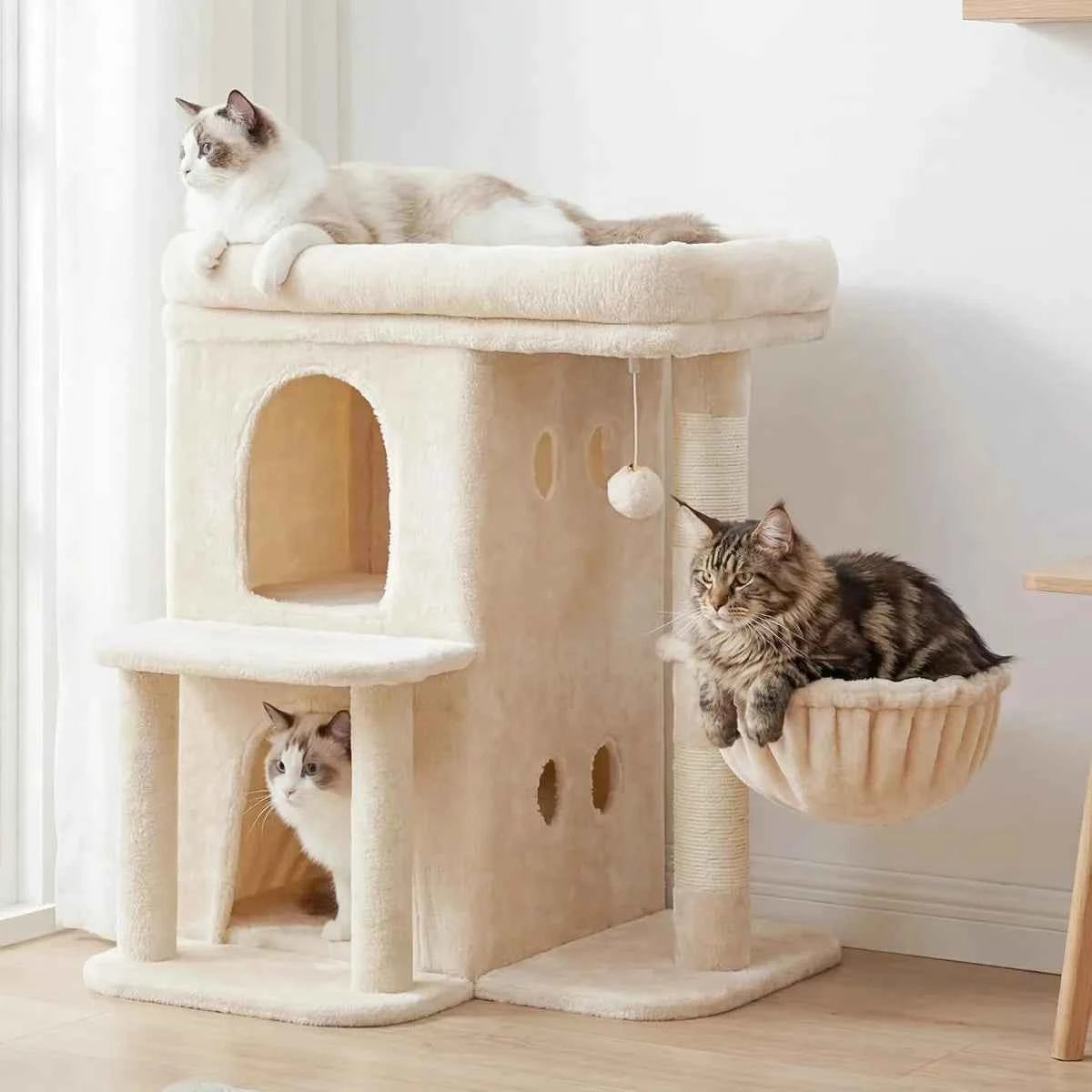 25.6 inch tall cat tower with large perch dual condos sisal posts cozy basket and dangling toy for big cats