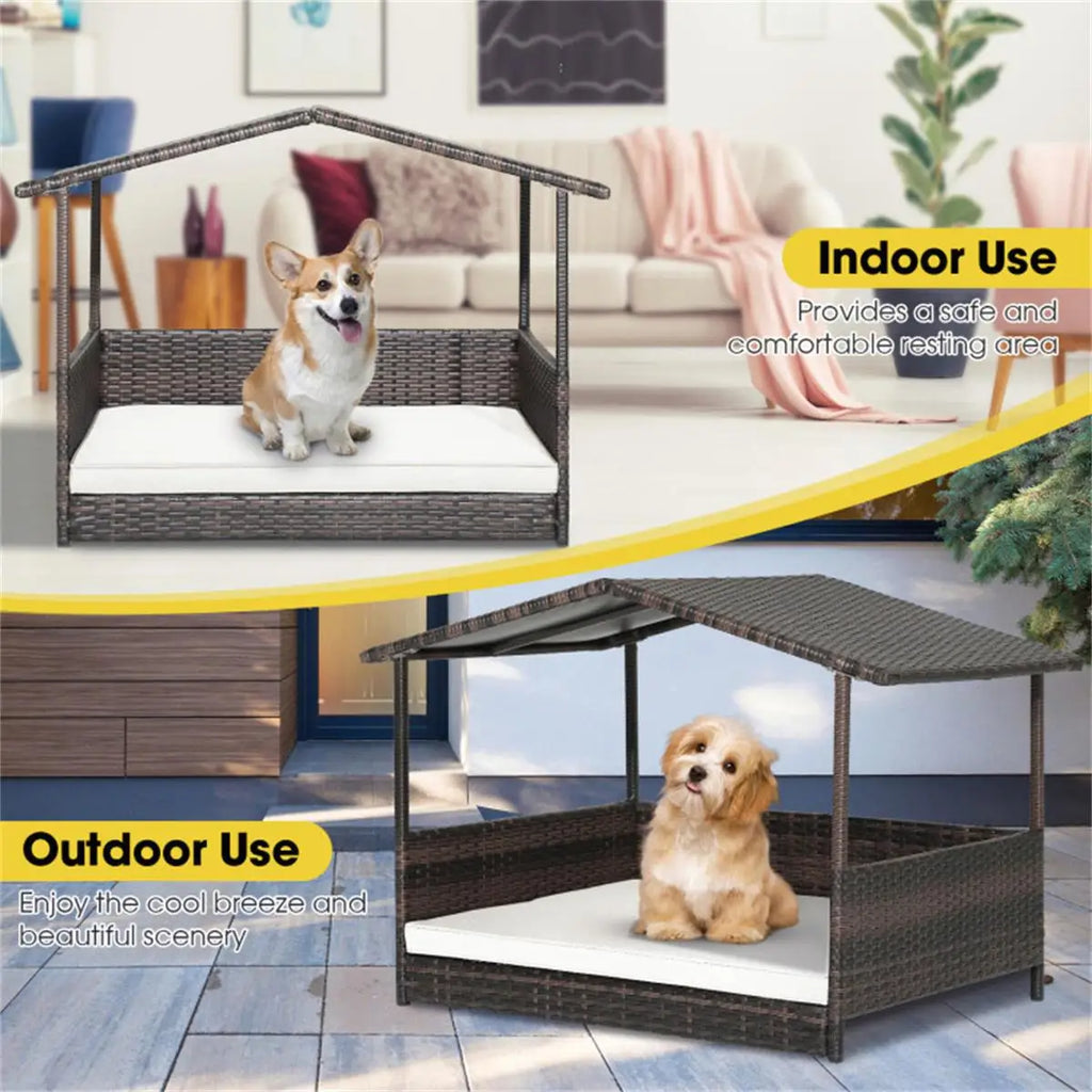 Outdoor Dog House with Canopy - Stylish Rattan Bed & Waterproof Cushion for Comfort