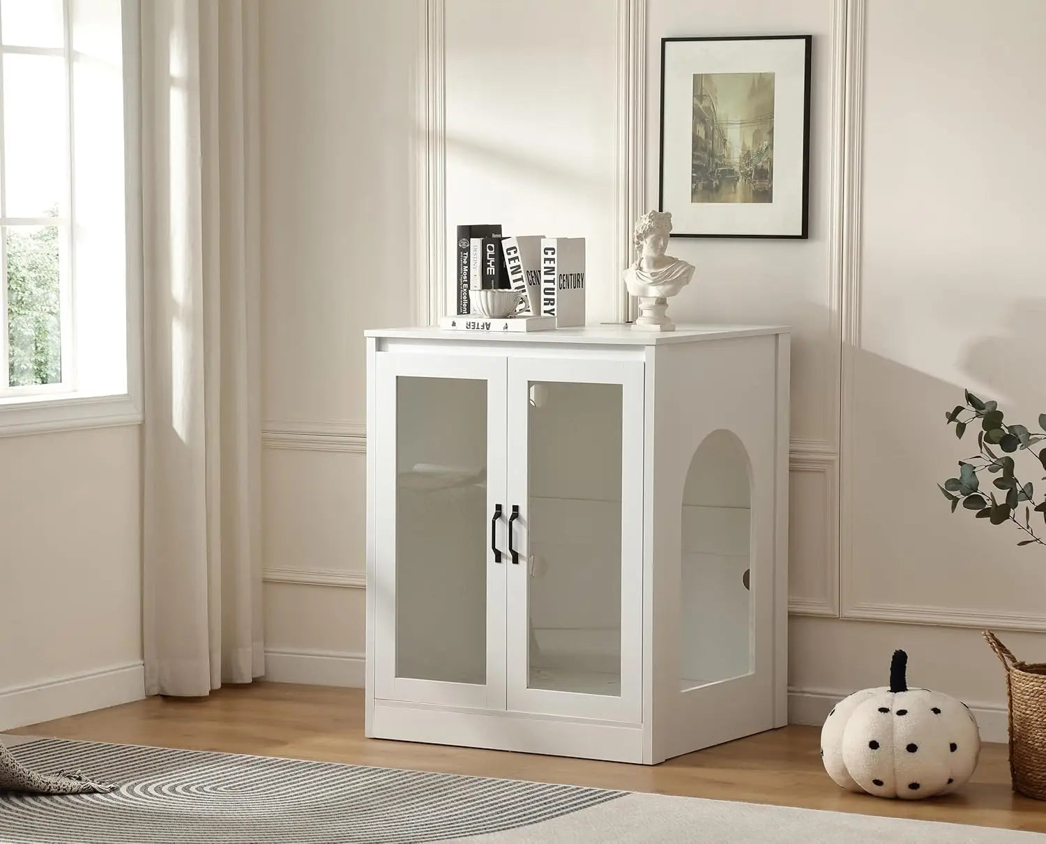 71" Dog Proof Cat Litter Box Enclosure, Litter Collector & Outlet, LED Cabinet for Self Cleaning Box, White, Custom