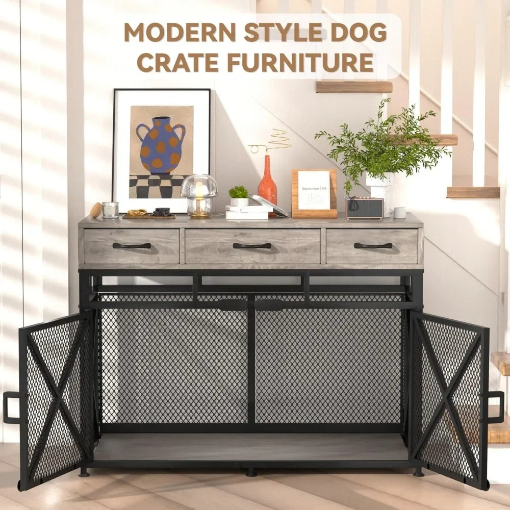 43.3 Inch Large Dogs Crate, Wooden Dogs Kennels with Drawers, Heavy Duty Dogs Crate Furniture-Style Indoor, Decorative Dog Cage