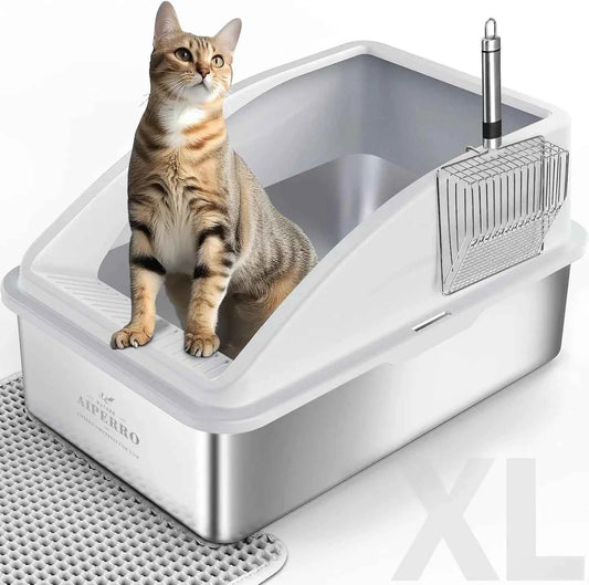 XL Stainless Steel Enclosed Cat Litter Box with Lid, High Sided Anti-Urine Leakage, Non-Stick Bottom, Includes Mat & Metal Scoop
