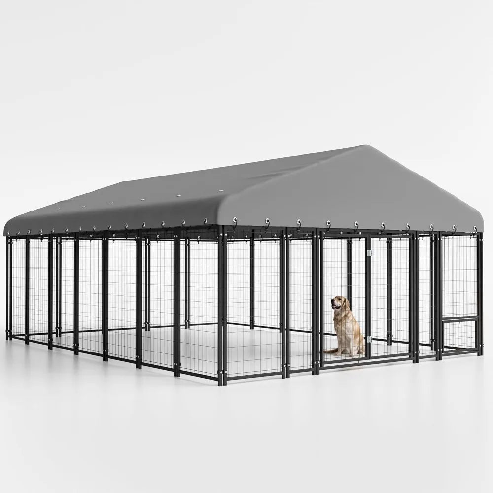 10X14FT Dog Kennel Outside Double Door Dog Kennel Outdoor with Feeding