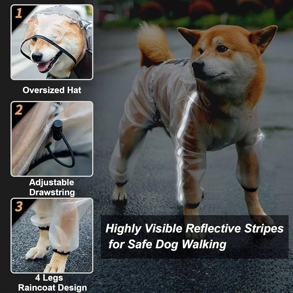 Dog Raincoat Hooded Poncho Waterproof Jacket 4 Legs Transparent Reflective Stripe Pet Rain Gear Outdoor Protection Medium