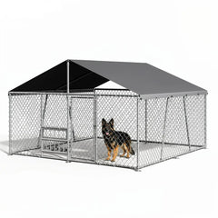 10x10x5.9FT Outside Dog Enclosure With PE Waterproof Roof, 360° Feeding Door, Heavy Duty Lockable Galvanized Kennel
