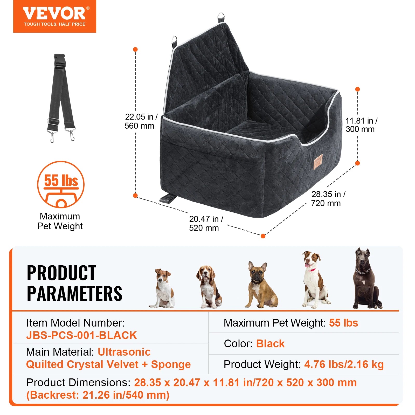 VEVOR Dog Car Seat Dog Booster Seat for Car with A Storage Pocket Sponge Filling Car Bed for Medium Large Dog up to 55 lbs Gray
