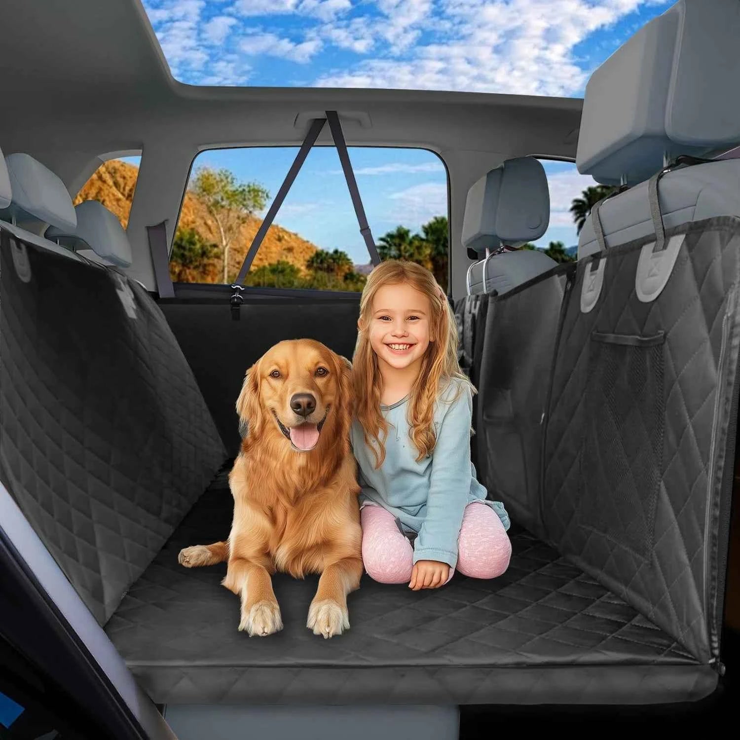 Bingopaw Large Dog Car Seat Cover Back Seat Extender Backseat Protection for Cars with Pockets Hard Bottom Waterproof Scratch-Proof Dog Hammock