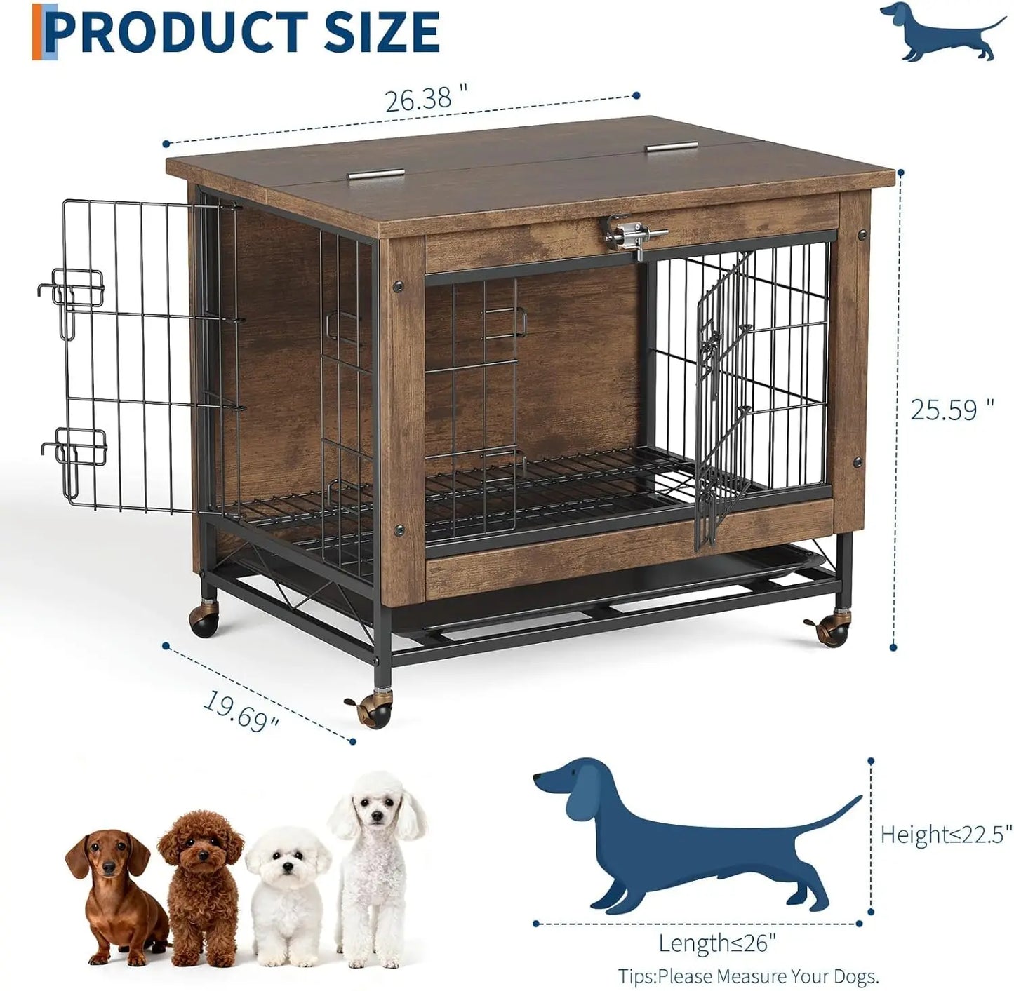 TWISTER.CK Dog Crate Furniture Double-Door Kennel with Wheels Removable Tray