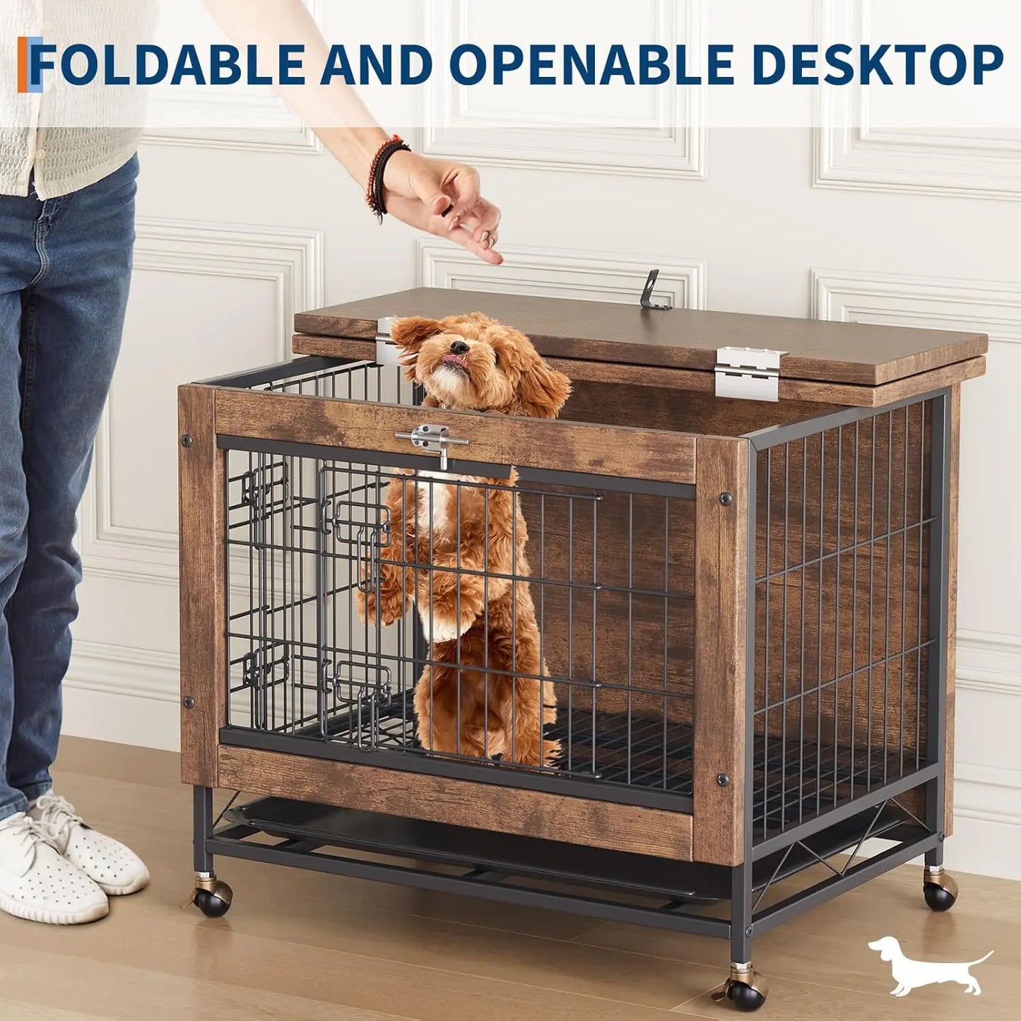 TWISTER.CK Dog Crate Furniture Double-Door Kennel with Wheels Removable Tray