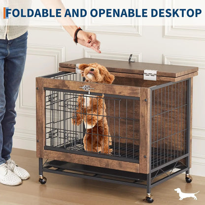 TWISTER.CK Dog Crate Furniture Double-Door Kennel with Wheels Removable Tray