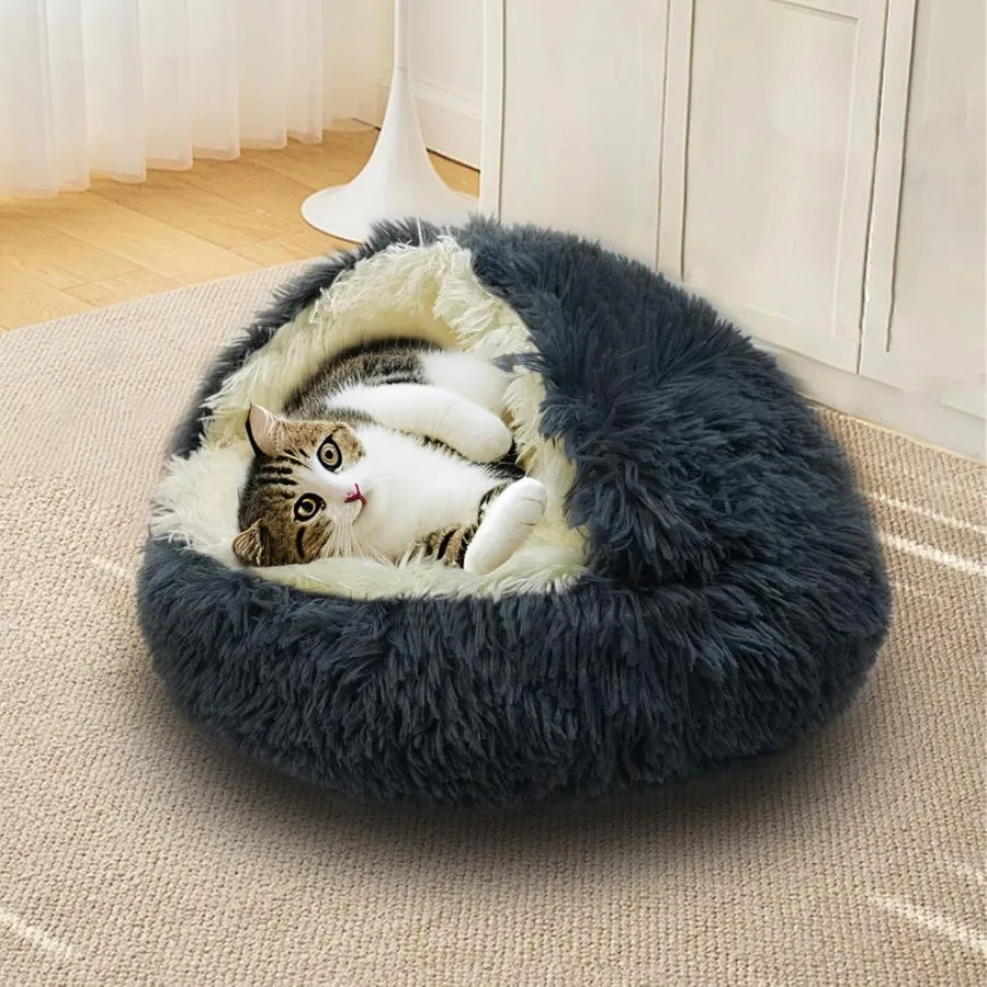 Round Plush Fluffy Hooded Cat Bed Cave Cozy for Indoor Cats or Small Dogs Soothing Doughnut-Shaped Anti-Anxiety Pet Bed with Wa