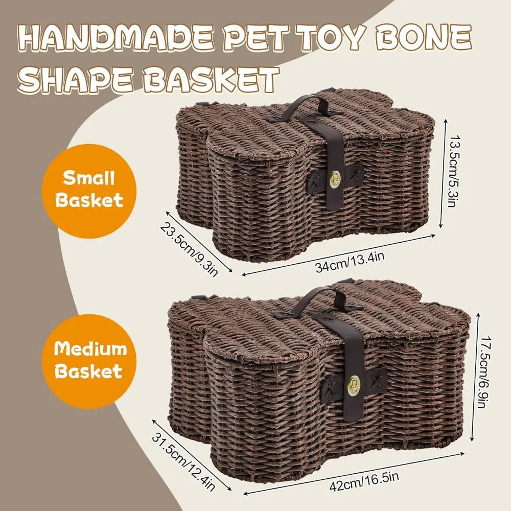 Dog Toy Basket With Lid Bone Shaped Natural Wicker Organizer