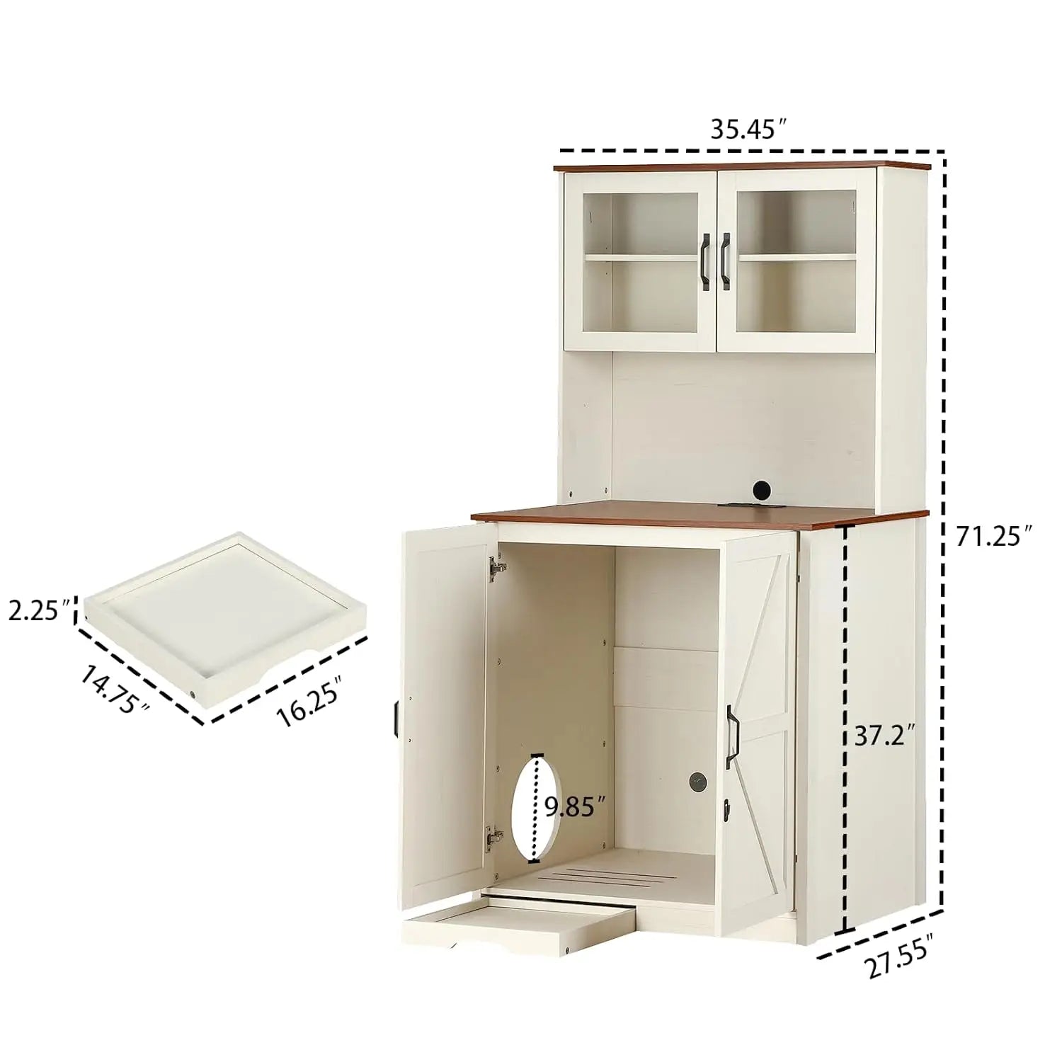 71" Dog Proof Cat Litter Box Enclosure, Litter Collector & Outlet, LED Cabinet for Self Cleaning Box, White, Custom