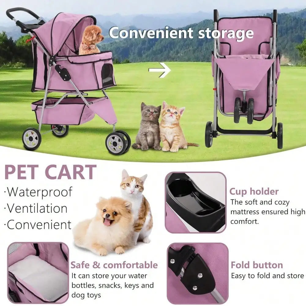 3-Wheel Pet Stroller Folding Carrier For Cats And Dogs