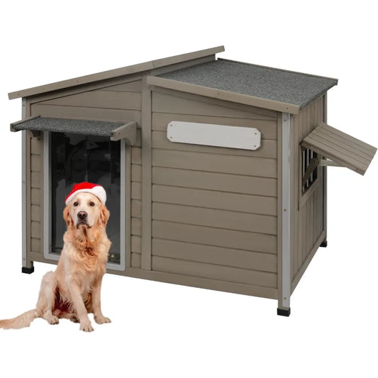 Dog House Outdoor Weatherproof Large Wooden Dog Kennel Indoor with Chew-Proof Iron Frame, Removable Floor,
