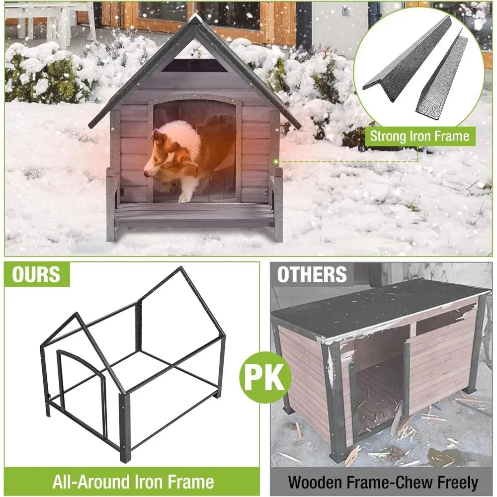 Outdoor Dog House 100% Insulated Dog Kennel with Liner for Winter, Thick Material - insulated liner, metal frame, Waterproof