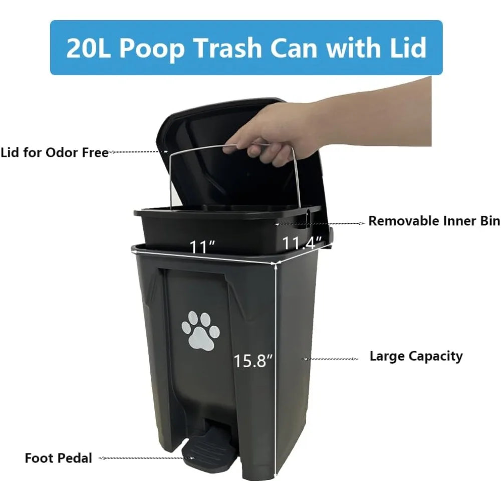 Dog Poop Trash Can for Outdoors with Extra Large Pooper Scooper & 50 Waste Bags - 20L/5 Gallon Large Dog Poop Trash Can Outside
