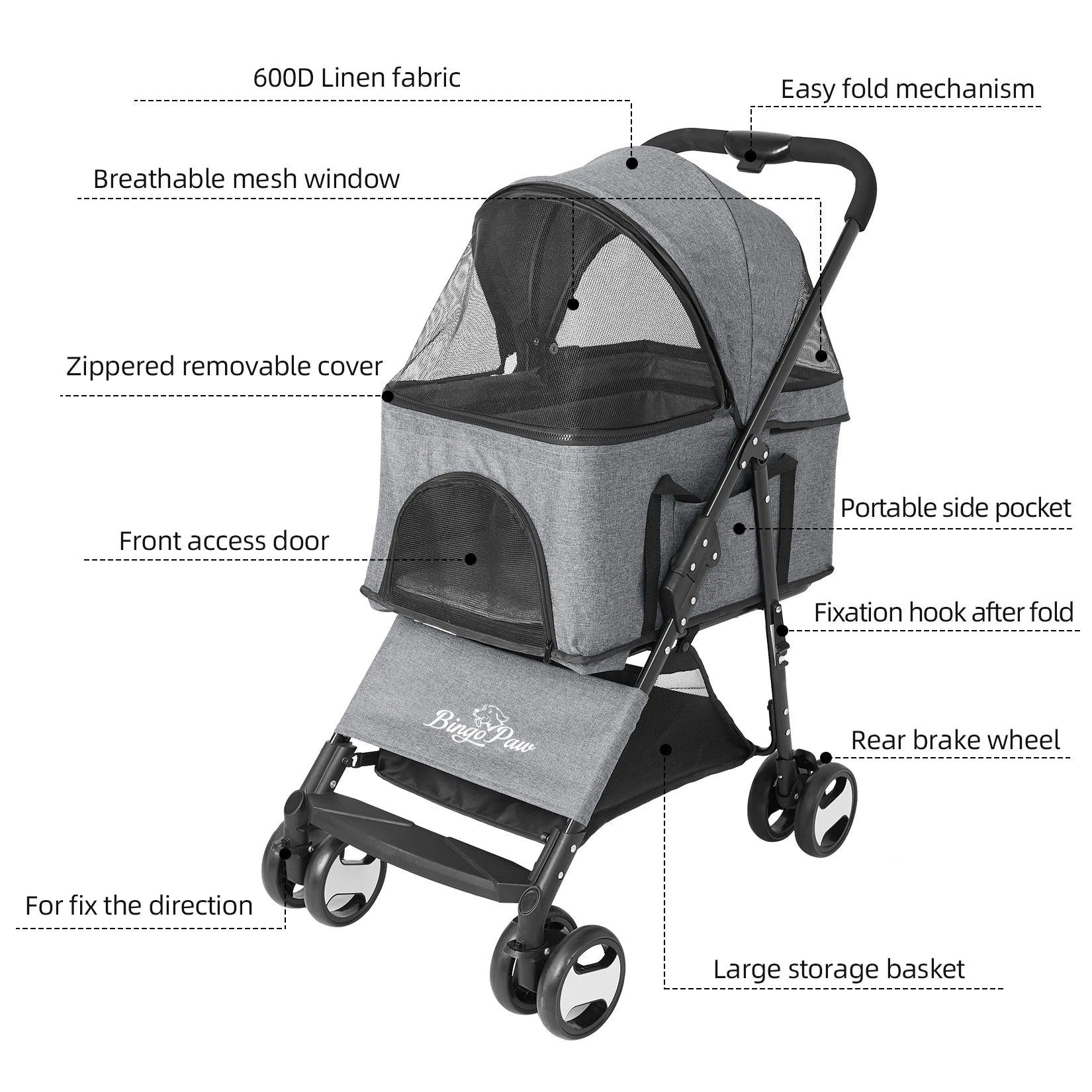 BINGOPAW Large Pet Stroller Pram With Detachable Carrier Cart