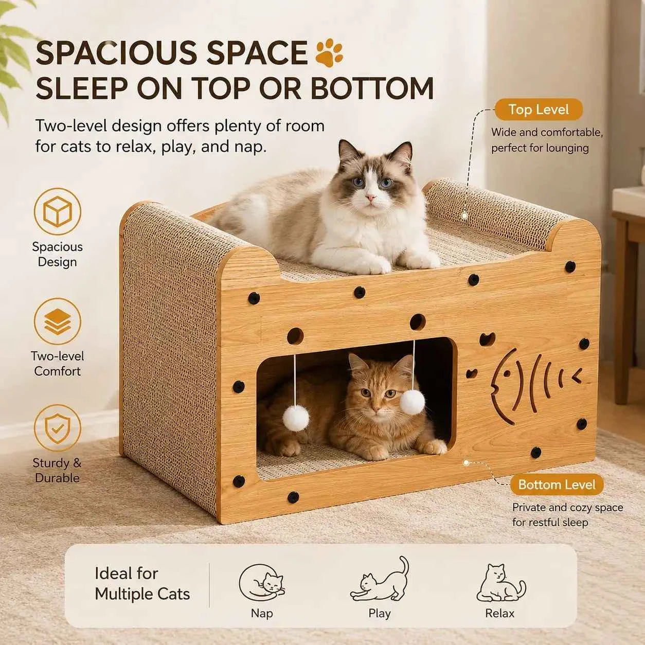 2 In 1 Double Layer Cardboard Cat Scratcher Lounge Bed Bubble Fish Star Moon Double Cat Head Pattern Detachable Upper Platform Cat Hideaway With 2 Hanging Pom Pom Balls For Multi Cat Households
