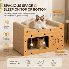 2 In 1 Double Layer Cardboard Cat Scratcher Lounge Bed Bubble Fish Star Moon Double Cat Head Pattern Detachable Upper Platform Cat Hideaway With 2 Hanging Pom Pom Balls For Multi Cat Households