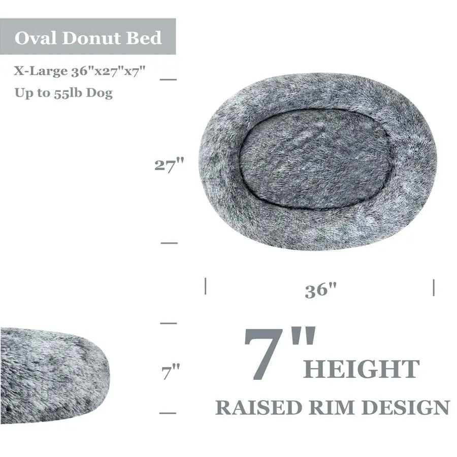 Oval Calming Donut Cuddler Pet Bed Shag Faux Fur Washable